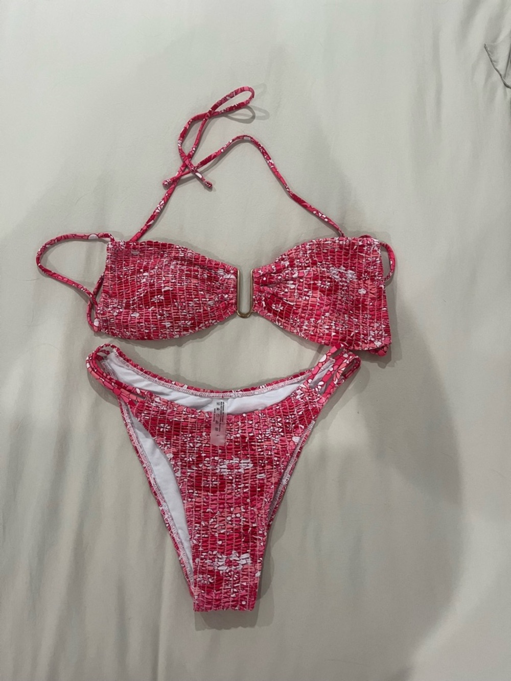 SHEIN Pink Red Textured Bandeau Bikini Set